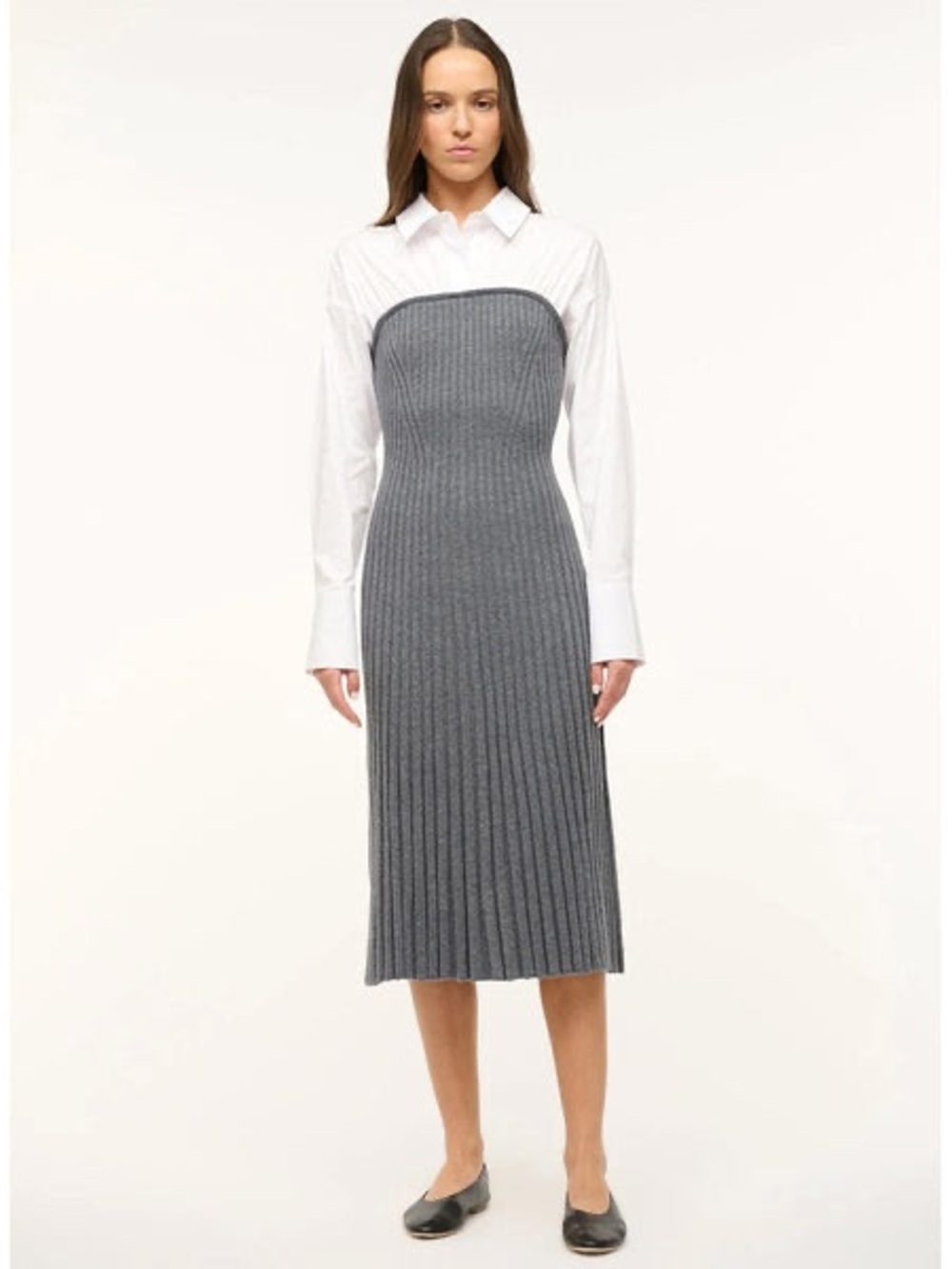STAUD Gray Ribbed Strapless Midi Dress